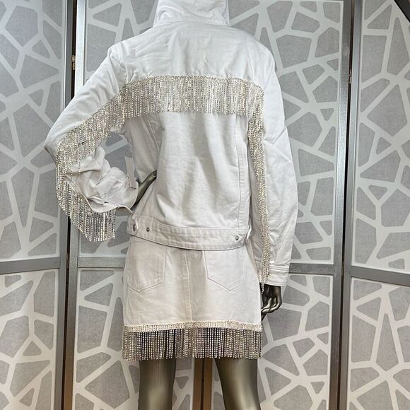 Blank NYC White Denim Rhinestones Fringe Jacket NWT S - Picture 2 of 16